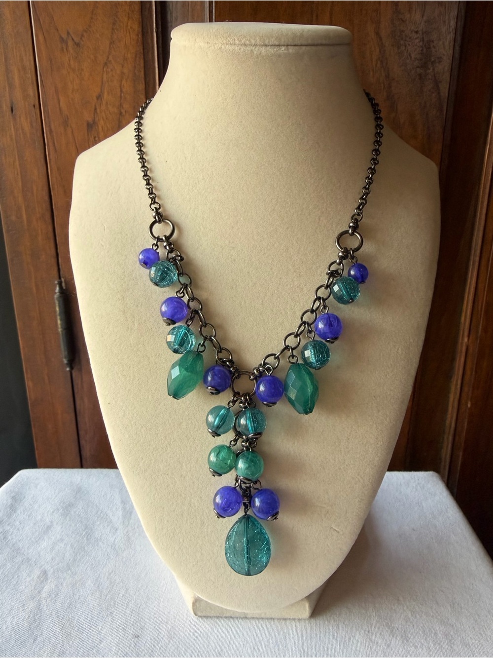 Blue Green Purple Beaded Statement Necklace Gunmetal Adjustable